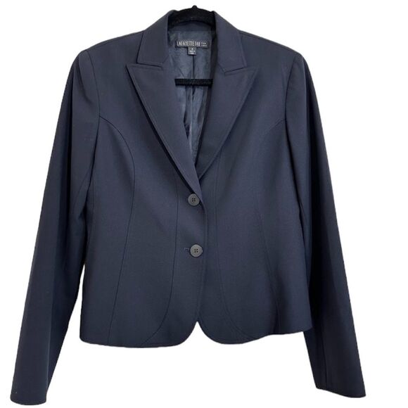 LAFAYETTE 148 NEW YORK WOOL NAVY BLUE LONG SLEEVE 2 BUTTON NOTCH PANEL BLAZER 4 - Picture 1 of 14